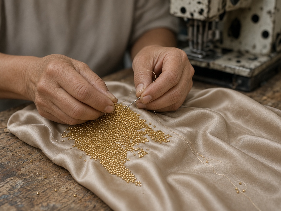 Gold beadwork being sewn into champagne silk