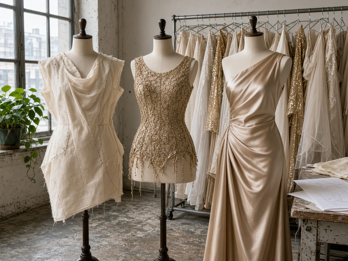 Dress forms in bridal ivory and gold eveningwear