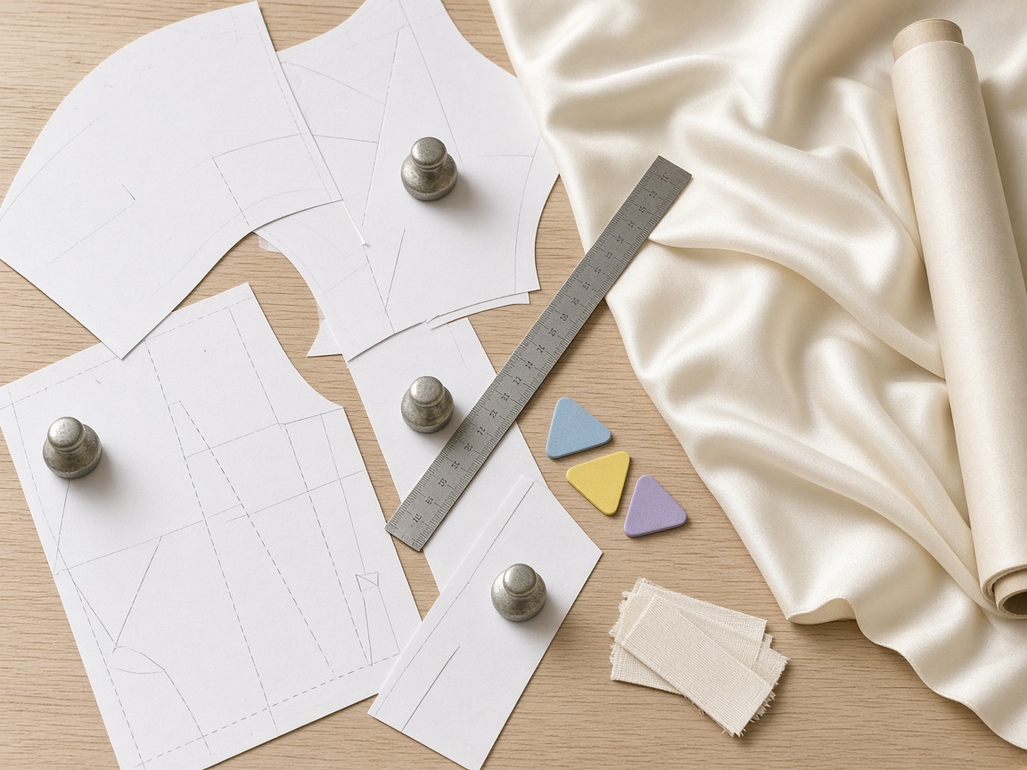 Paper patterns and ivory silk on the cutting table