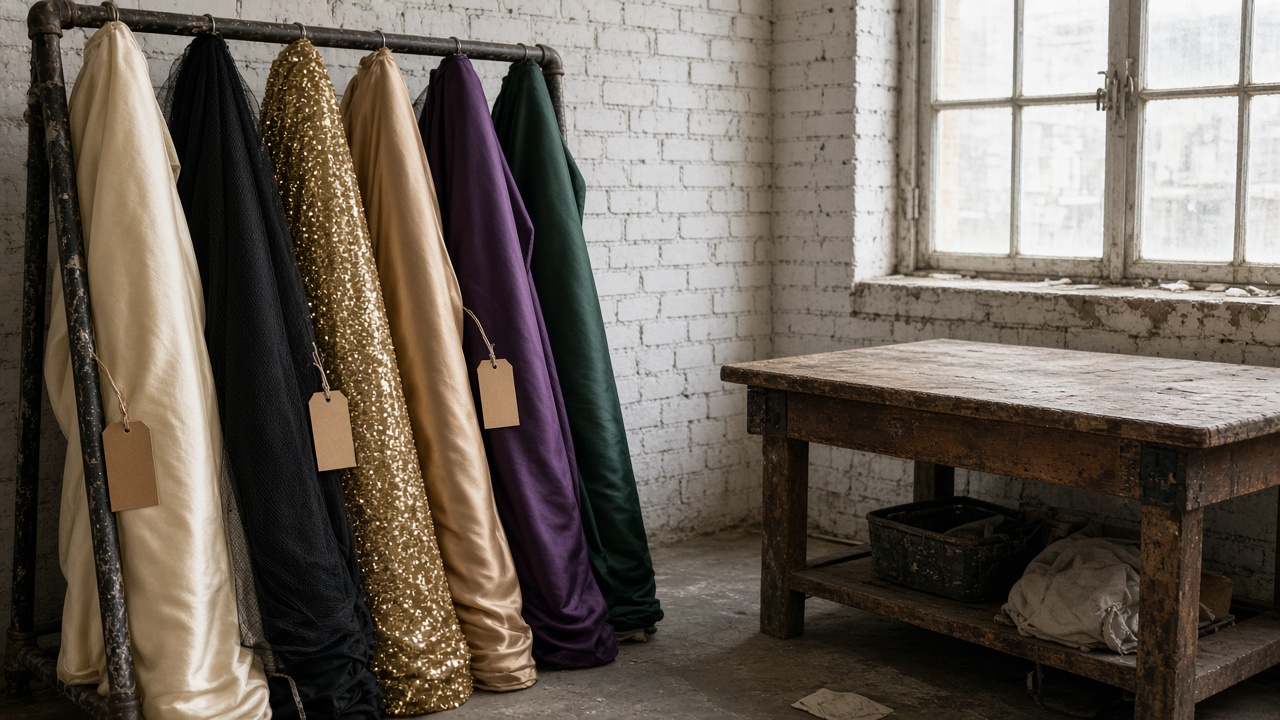 Rolls of silk, tulle, sequin, and couture cloth on the floor