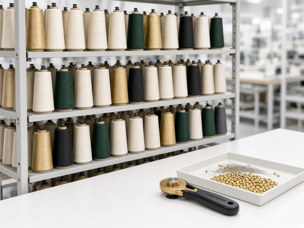 Industrial thread, gold beads, and notions on the work table